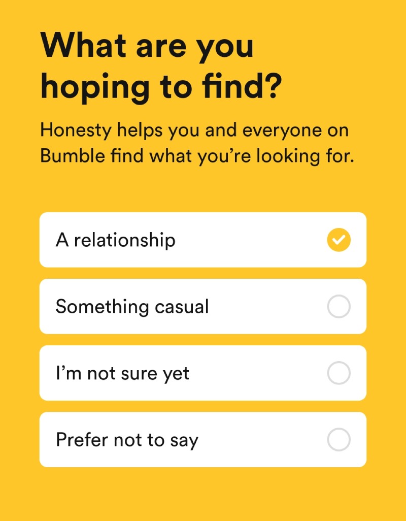 Bumble screenshot asking users whether they want hookups a relationship, or maybe both