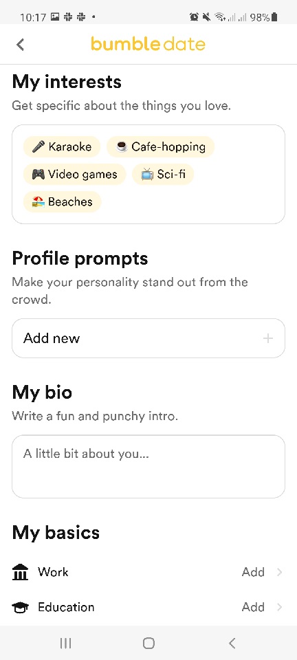 Bumble bio screenshot showing bio, interests, etc.