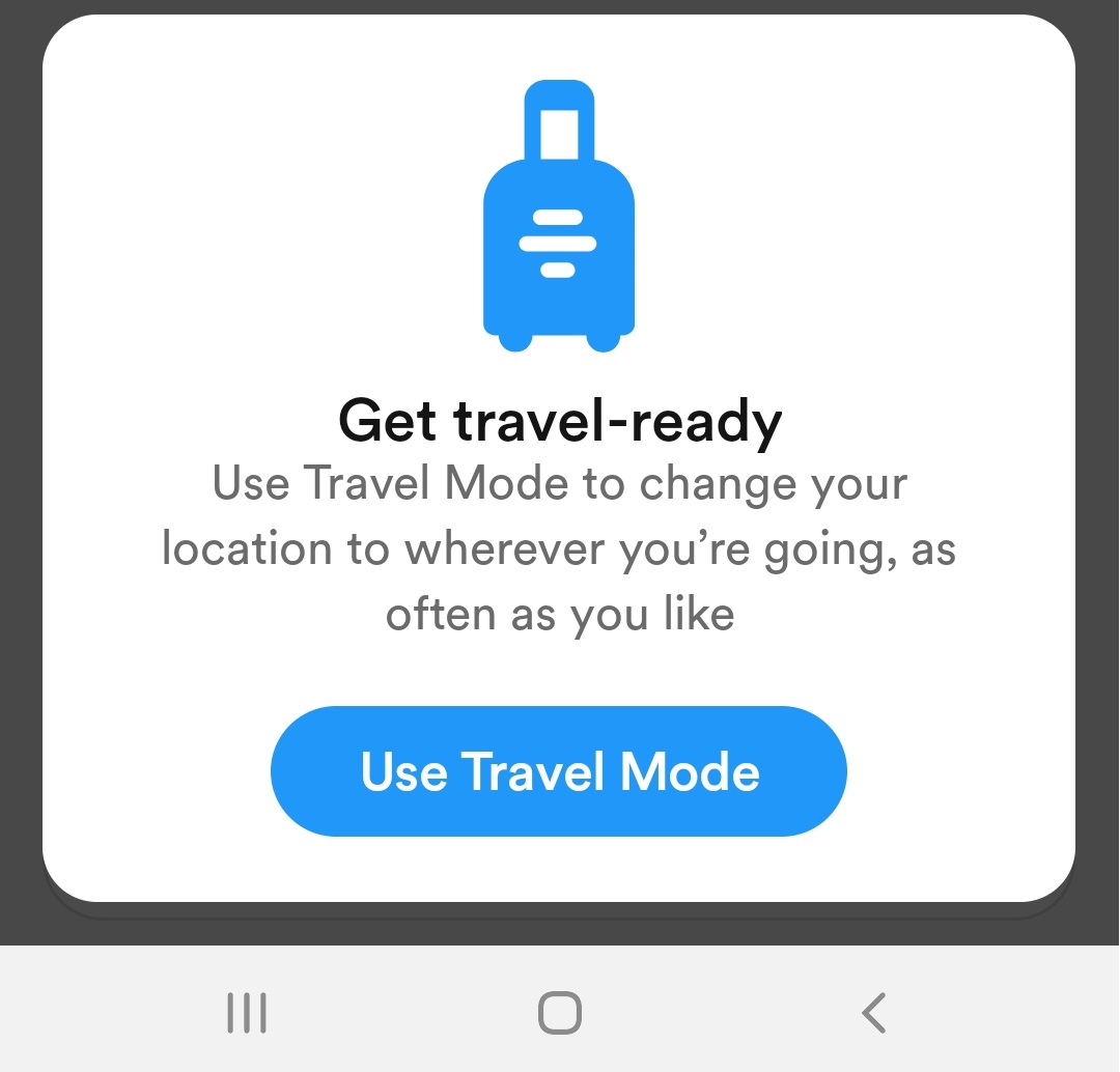 Screenshot of Bumble Travel Mode feature