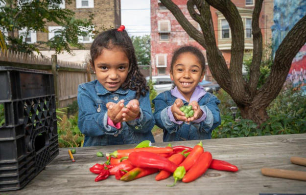 Two children hold vegetable in a garden.