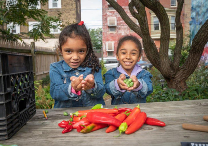 Two children hold vegetable in a garden.