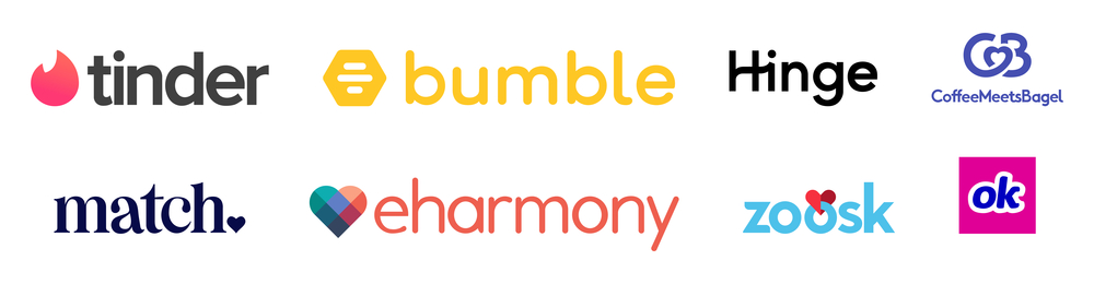 Logos of Mainstream Dating Apps such as Bumble and eHarmony