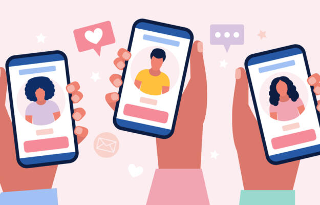 cartoon hands holding smartphones with dating apps
