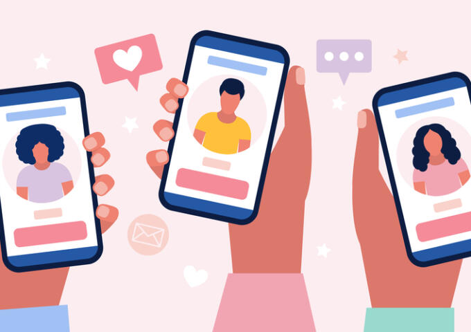cartoon hands holding smartphones with dating apps