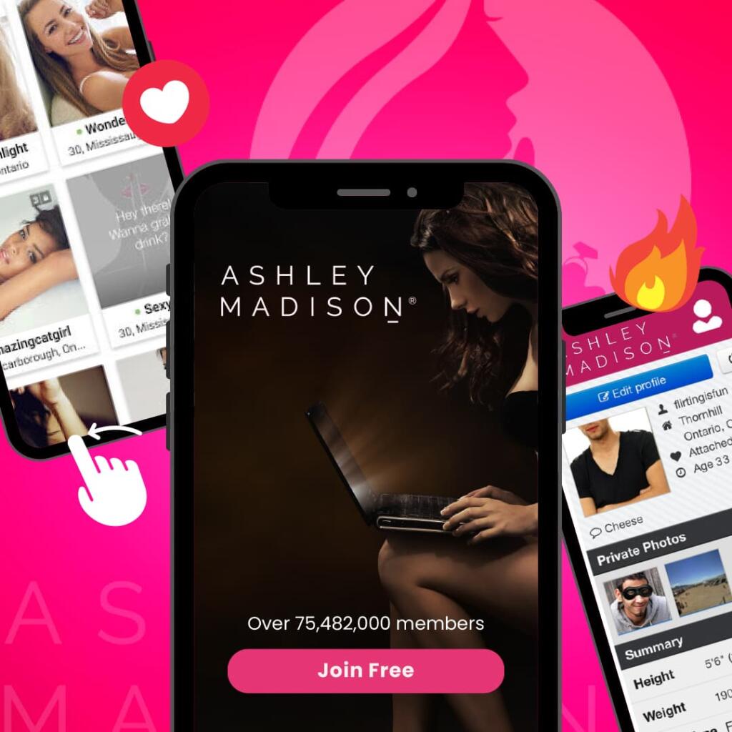 logo and screenshots of ashley madison, a top hookup site for married people